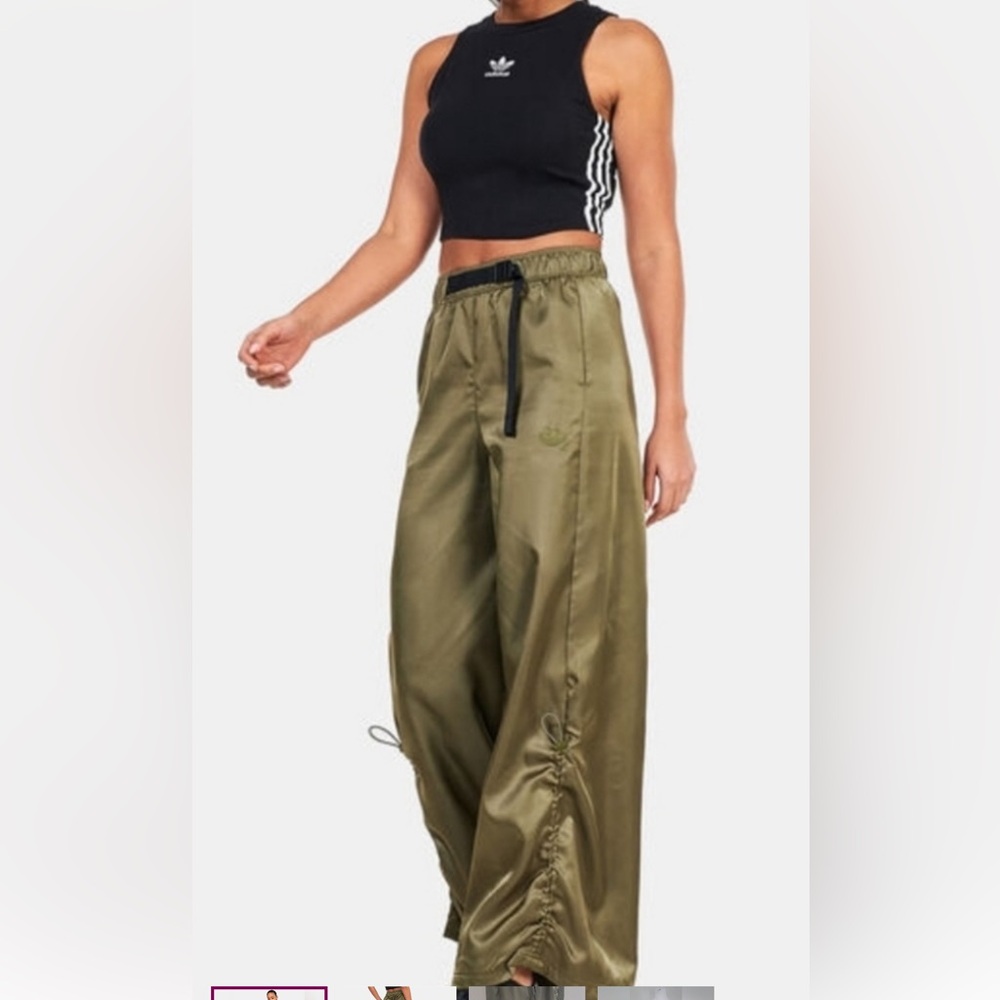 ADIDAS Originals Pants Women XS Green CARGO Wide Leg Satin Jumpsuit Ankle HF2099